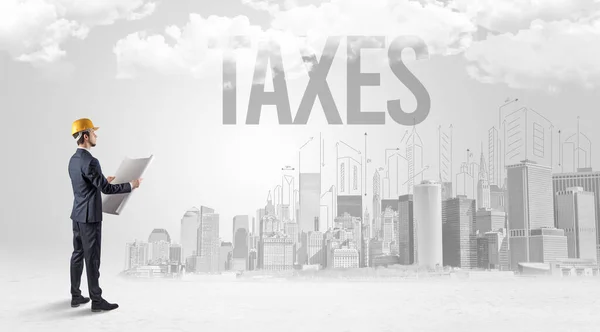 Jungunternehmer Mit Harthut Und Taxes Aufschrift Neues Geschäftschancen Konzept — Stockfoto
