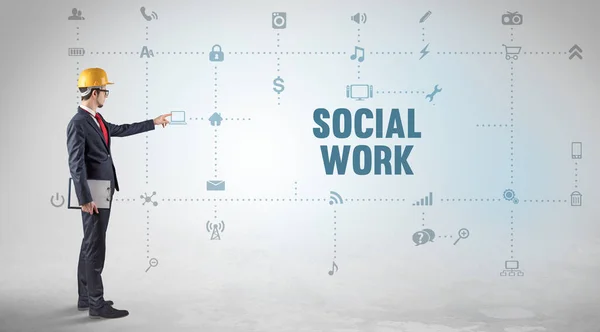Інженер Працює Новій Платформі Соціальних Мереж Концепцією Напису Social Work — стокове фото