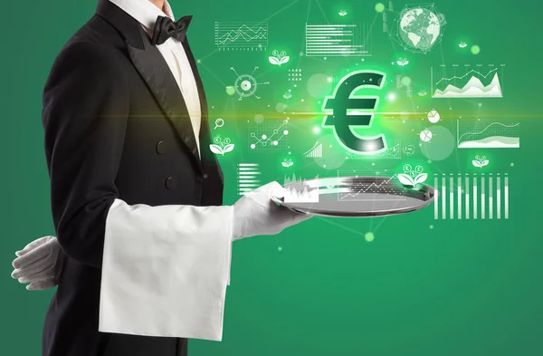 Jonge Ober Serveert Euro Pictogrammen Dienblad Geld Wisselen Concept — Stockfoto
