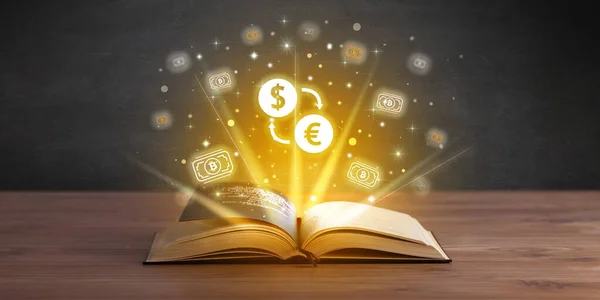 stock image Open book with dollar - euro exchange icons above, currency exchange concept