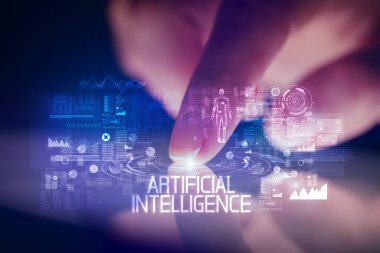 Web teknolojisi simgeleri ve ARTIFICIAL INTLIGENCE yazıtları ile parmak dokunma tableti