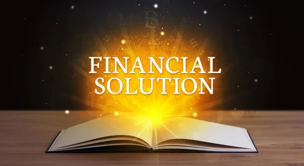 Pénzügyi Megoldás Felirat Jön Egy Nyitott Könyv Oktatási Koncepció — Stock Fotó