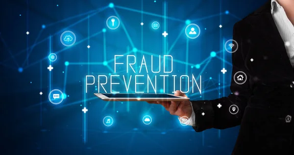 Young Business Person Working Tablet Shows Digital Sign Fraud Prevention — Stock Photo, Image