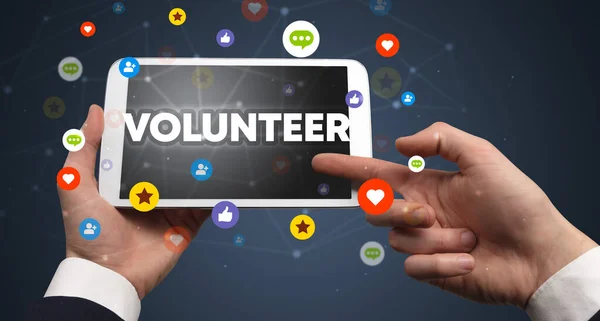 Zbliżenie Ekranu Dotykowego Napisem Volunteer Koncepcja Sieci Społecznościowych — Zdjęcie stockowe