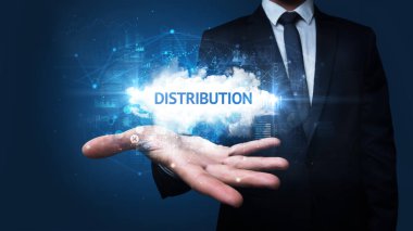 Dağıtım yazıtlarını tutan İşadamı 'nın eli, başarılı iş konsepti