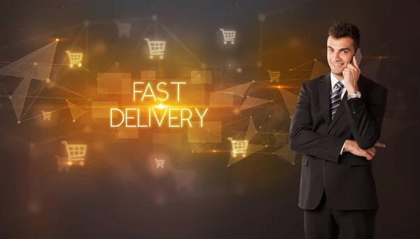 Zakenman Met Winkelwagenpictogrammen Fast Delivery Inscriptie Online Shopping Concept — Stockfoto