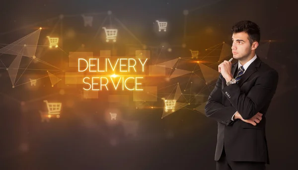 Affärsman Med Kundvagn Ikoner Och Delivery Service Inskription Online Shopping Stockbild