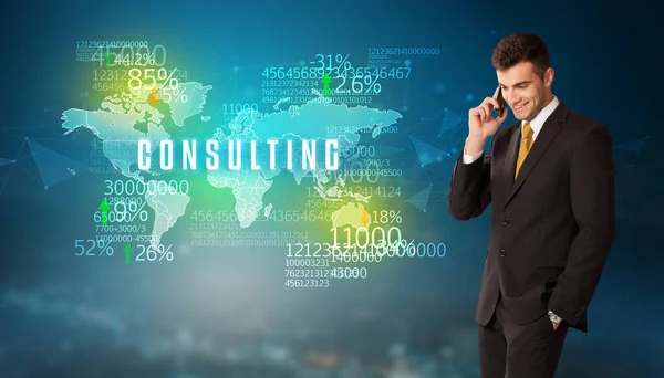 Zakenman Voor Een Beslissing Met Consulting Inscriptie Business Concept — Stockfoto