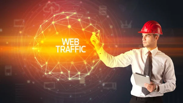Jóképű Üzletember Sisak Rajz Web Traffic Felirat Szociális Konstrukció Koncepció — Stock Fotó