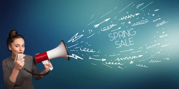 Young Girl Screaming Megaphone Spring Sale Inscription Shopping Concept — Stok fotoğraf
