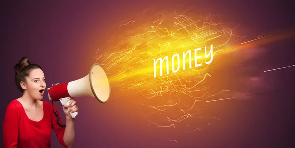 Young Girld Shouting Megaphone Money Inscription Online Shopping Concept — Stock Photo, Image