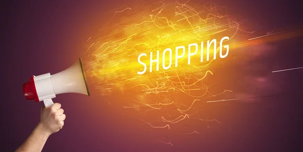 Joven Niña Gritando Megáfono Con Inscripción Shopping Concepto Compras Línea — Foto de Stock