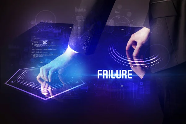 Χέρι Συγκινητικό Ψηφιακό Τραπέζι Επιγραφή Failure Νέα Εποχή Έννοια Ασφάλειας — Φωτογραφία Αρχείου