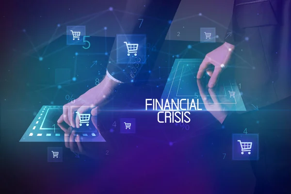 Online Nakupování Koncepcí Nápisu Financial Crisis Ikonami Nákupního Košíku — Stock fotografie