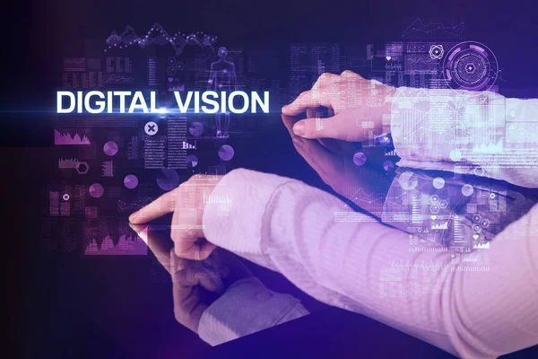 Businessman Touching Huge Display Digital Vision Inscription Modern Technology Concept — Stock Photo, Image