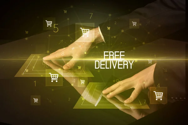 Online Shopping Free Delivery Inscription Concept Shopping Cart Icons — Stock Photo, Image