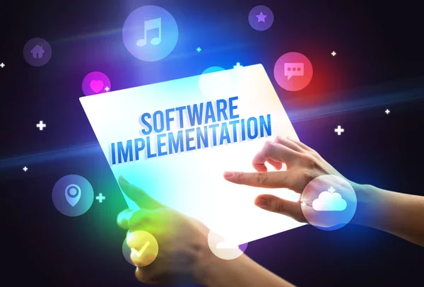 Držení Futuristického Tabletu Nápisem Software Implementation Koncept Nové Technologie — Stock fotografie