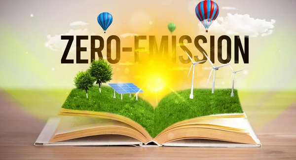 Ανοικτό Βιβλίο Επιγραφή Zero Εκπομπη Έννοια Των Ανανεώσιμων Πηγών Ενέργειας — Φωτογραφία Αρχείου