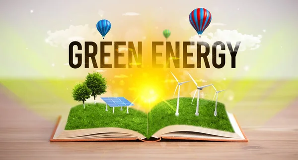 Otevřená Kniha Nápisem Zelená Energie Koncept Obnovitelné Energie — Stock fotografie