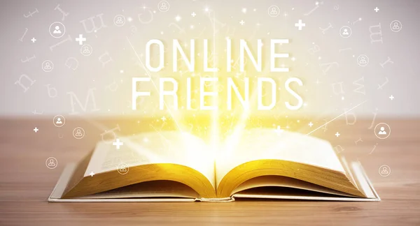 Livro Aberto Com Inscrição Amigos Online Conceito Mídia Social — Fotografia de Stock