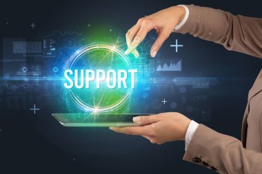 SUPPORT yazıtlı bir dokunmatik ekran yakın plan, yeni teknoloji kavramı