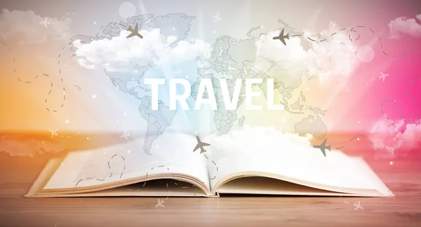 Libro Aperto Con Iscrizione Travel Concetto Vacanza — Foto Stock