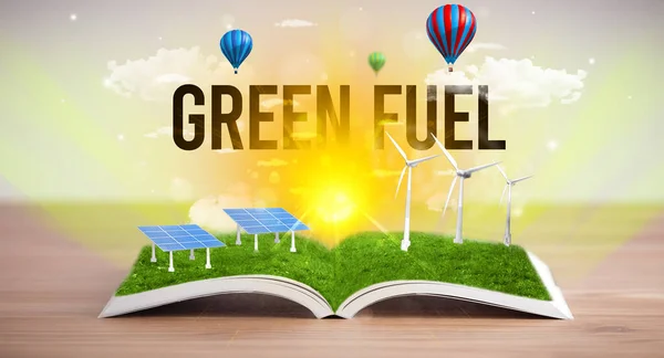 Öppen Bok Med Grön Fuel Inskription Förnybar Energi Koncept — Stockfoto