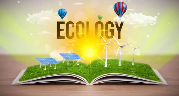 Otwarta Książka Napisem Ecology Koncepcja Energii Odnawialnej — Zdjęcie stockowe