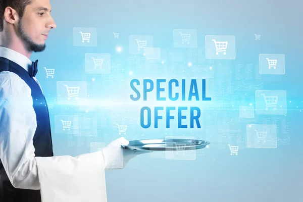 Servitör Serverar Special Erbjudanden Inskription Online Shopping Koncept — Stockfoto