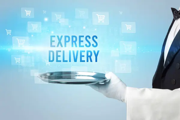 Cameriere Che Serve Iscrizione Consegna Express Concetto Shopping Online — Foto Stock