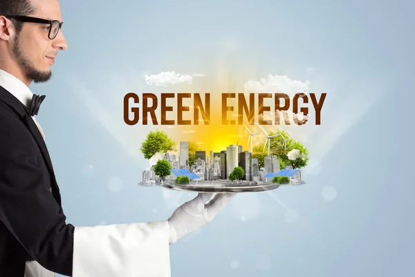 为生态城市服务的服务员 绿色能源题词 更新能源概念 — 图库照片