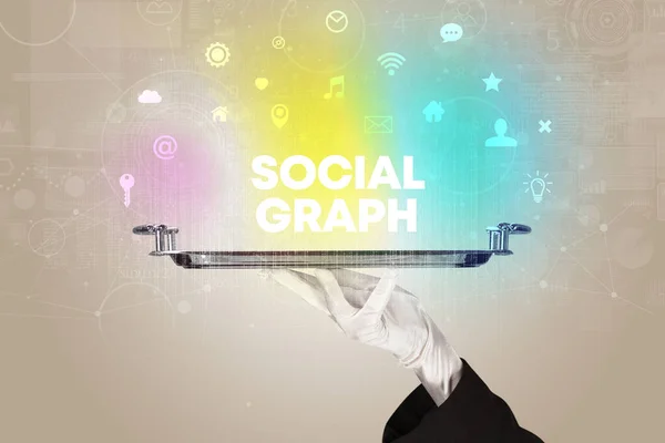 Офіціант Обслуговує Соціальні Мережі Написом Social Graph Нова Концепція Медіа — стокове фото