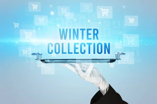 Waiter Serving Winter Collection Inscription Online Shopping Concept — Stock Photo, Image