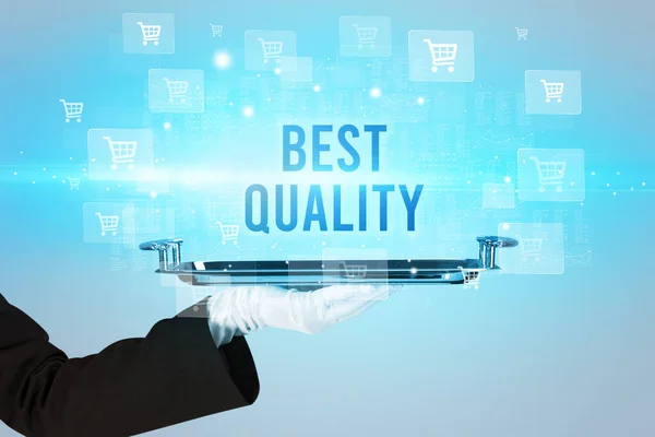 Ober Serveert Beste Kwaliteit Inscriptie Online Shopping Concept — Stockfoto