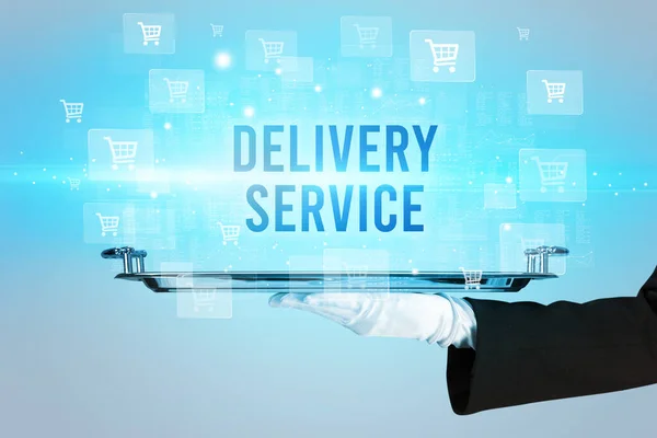 Waiter Serving Delivery Service Inscription Online Shopping Concept — Stock Photo, Image