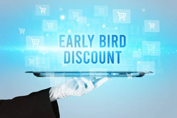 Waiter Serving Early Bird Discount Inscription Online Shopping Concept — Stock Photo, Image
