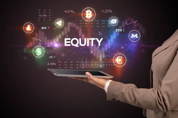 Close Uma Tela Sensível Toque Com Inscrição Equity Conceito Oportunidade — Fotografia de Stock