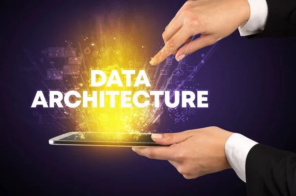 Närbild Pekskärm Med Data Architecture Inskription Innovativt Teknikkoncept — Stockfoto