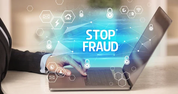 Stop Fraud Inscription Laptop Internet Security Data Protection Concept Blockchain — Stock Photo, Image