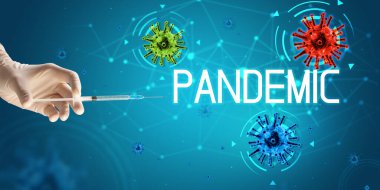Şırınga, elinde PANDEMIC yazısıyla tıbbi enjeksiyon, koronavirüs aşısı konsepti