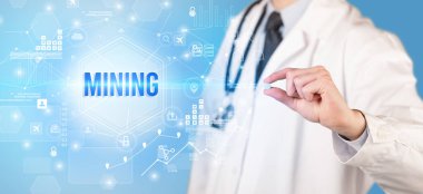 Doktor, MINING yazıtlı bir hap veriyor. Yeni teknoloji çözüm konsepti.