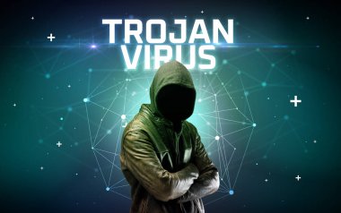 TROJAN VIRUS yazıtlı gizemli hacker, çevrimiçi saldırı konsepti yazıt, çevrimiçi güvenlik kavramı