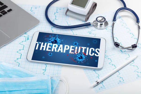 Tablet Doctor Tools White Surface Therapeutics Inscription Pandemic Concept — Stock Photo, Image