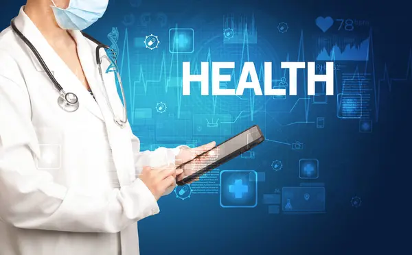 Junger Arzt Notiert Notizen Mit Gesundheit Aufschrift Gesundheitskonzept — Stockfoto