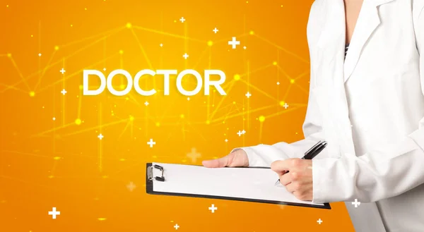 Medico Compila Cartella Clinica Con Iscrizione Doctor Concetto Medico — Foto Stock