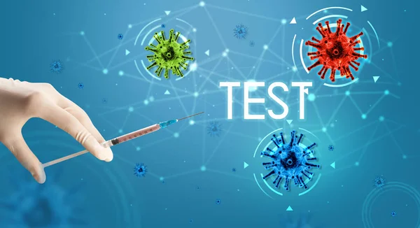 Siringa Iniezione Medica Mano Con Iscrizione Test Concetto Vaccino Coronavirus — Foto Stock