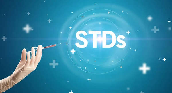 Spritzennadel Mit Virusimpfung Und Abkürzung Für Geschlechtskrankheiten Gegengift Konzept — Stockfoto