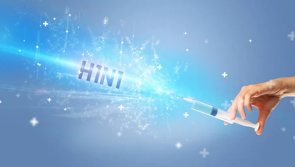 Spuit Medische Injectie Hand Met H1N1 Inscriptie Medisch Antidoteconcept — Stockfoto