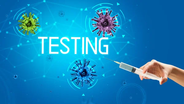 Strzykawka Zastrzyk Medyczny Wraz Napisem Testing Koncepcja Szczepionki Koronawirusowej — Zdjęcie stockowe