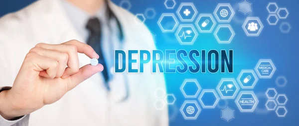 stock image Close-up of a doctor giving you a pill with DEPRESSION inscription, medical concept